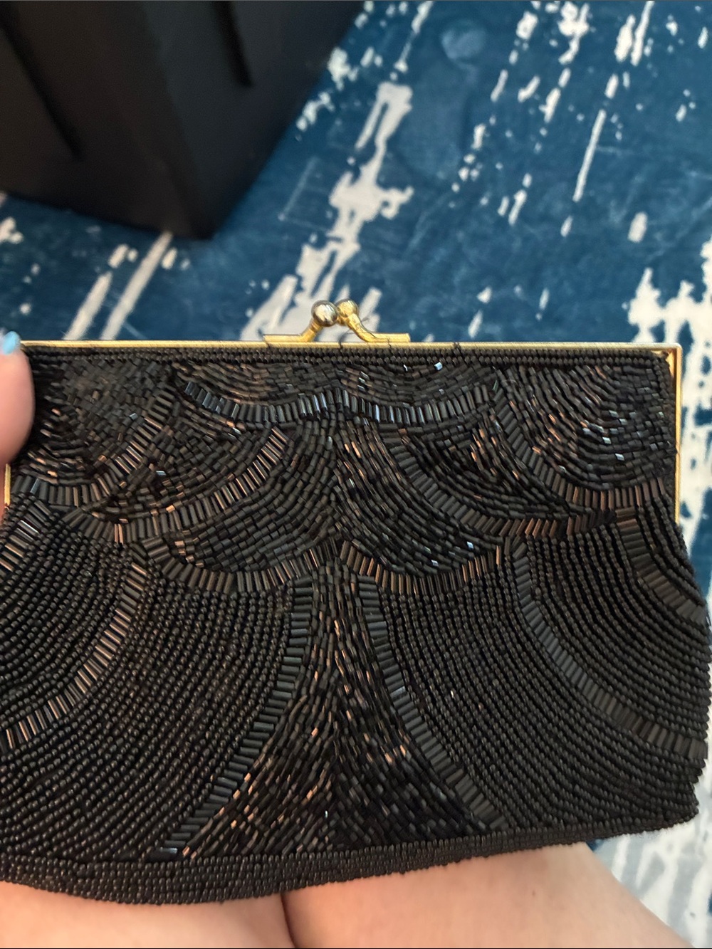 La Regale Black Beaded Clutch with Gold-Tone Frame